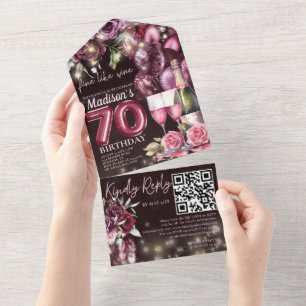 Like 素晴らし Wine 70th誕生日Rsvp QRコード オールインワン招待状