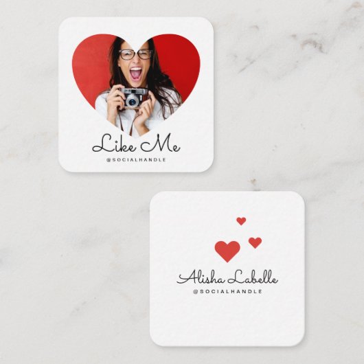 Like Me白い写真ハートフレームガーリーソーシャルメディア スクエア名刺 (正面/裏面)