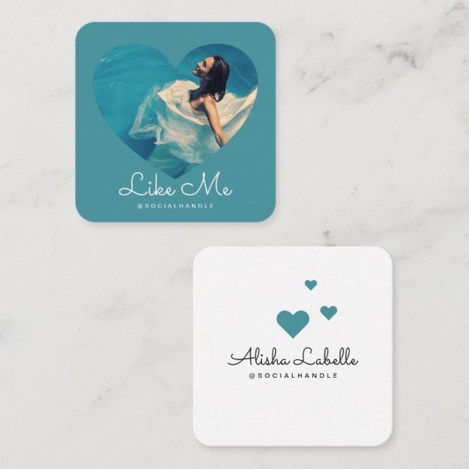 Like Me Blue Photoハートフレームガーリーソーシャルメディア スクエア名刺 (正面/裏面)