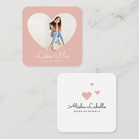 Like Me Pinkフォトハートフレームガーリーソーシャルメディア スクエア名刺 (正面/裏面)