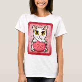 Lilのバレンタイン白い猫キャンデーのハート愛Tシャツ Tシャツ