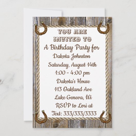 Lil'カウボーイとテディベアの最初の誕生日パーティー 招待状 (裏面)