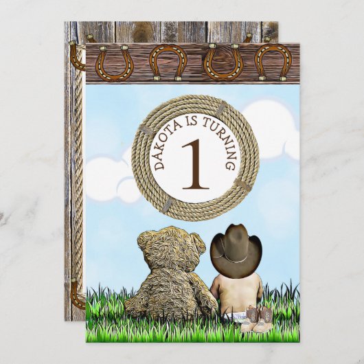Lil'カウボーイとテディベアの最初の誕生日パーティー 招待状 (正面/裏面)