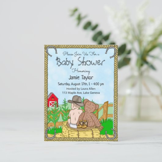 Lil'カウボーイとテディベアボーイズ赤ちゃんシャワー招待状 ポストカード (スタンド正面)