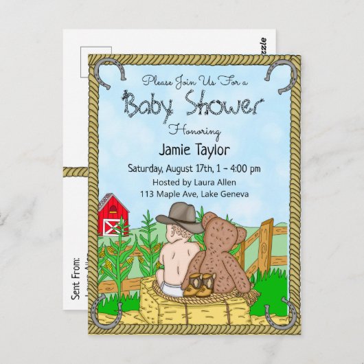 Lil'カウボーイとテディベアボーイズ赤ちゃんシャワー招待状 ポストカード (正面/裏面)