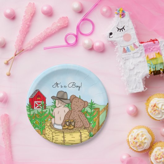 Lil'カウボーイとテディベア赤ちゃんシャワー ペーパープレート (パーティー)