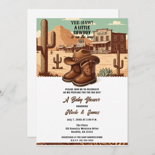 Lilカウボーイカントリー西ブーツ+ハットベビーシャワー 招待状 (正面/裏面)