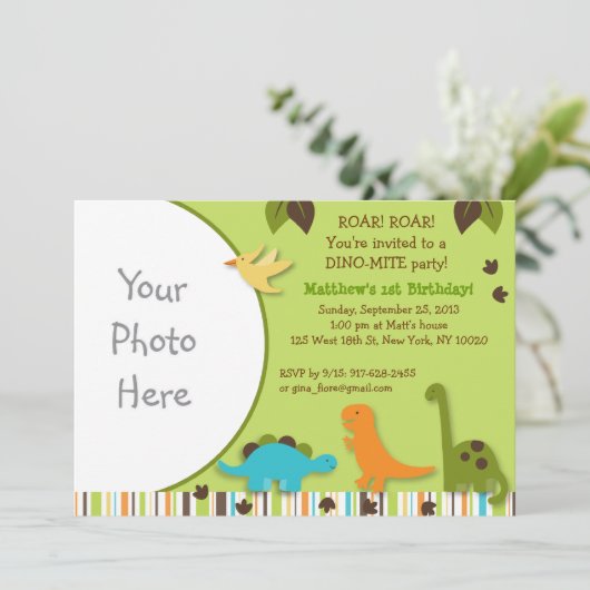 Lilディーノの恐竜の男の子の写真の誕生日の招待状 招待状 (スタンド正面)