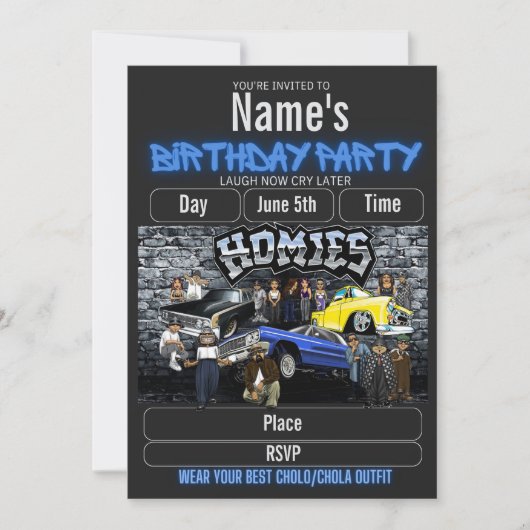 Lil Homies Birthday Invitation, Cholo 90s Theme  招待状 (正面)