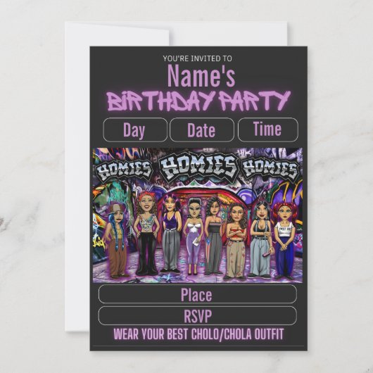 Lil Homies Chicanas Party Invitation 90s Theme 招待状 (正面)