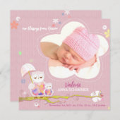 Lil Owlsピンクベビーガールフォト誕生 案内状 (正面/裏面)