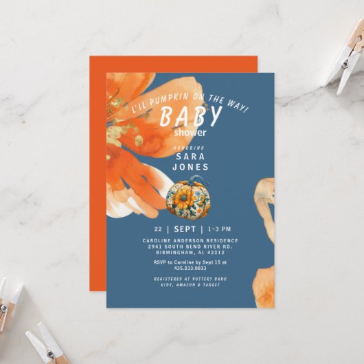 L'il Pumpkin on the Way 鮮やか Baby Shower 招待状 (正面/裏面インサイチュ)