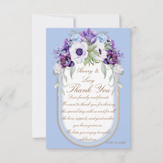Lilac and Violet Floral Blue Gold Oval Thank You サンキューカード (正面)