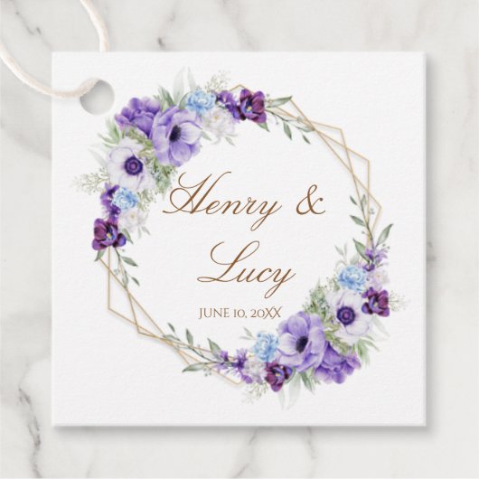 Lilac and Violet Floral Gold Oval Wedding Favor フェイバータグ (正面)
