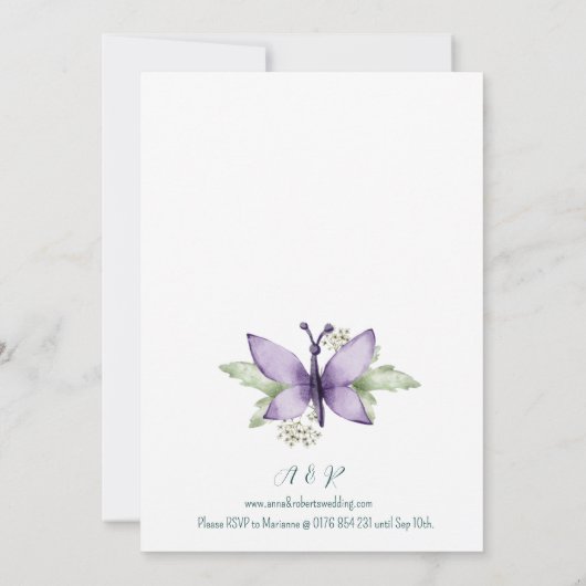 Lilac Butterfly Watercolour Wedding 招待状 (裏面)