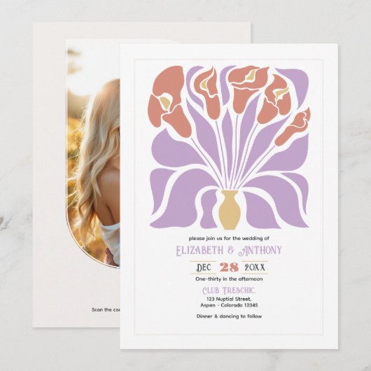 Lilac & Clay Rose Abstract Floral Boho Wedding 招待状 (正面/裏面)