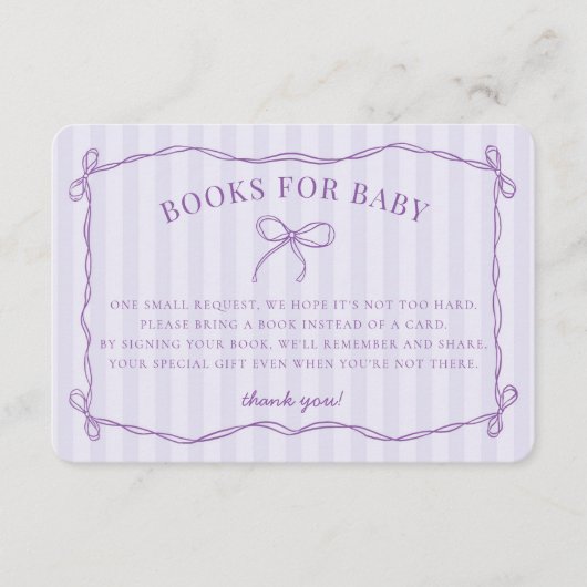 Lilac Flirt Bow Soft Pastel Baby Shower Books エンクロージャーカード (正面)
