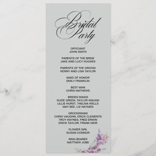 Lilac floral Elegant double side program card プログラム (裏面)