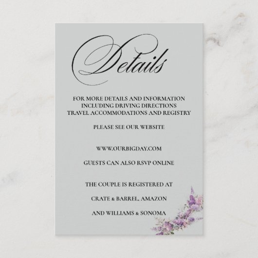 Lilac floral Elegant Enclosure Card Details エンクロージャーカード (正面)