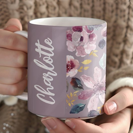 Lilac Floral Pattern Monogram コーヒーマグカップ
