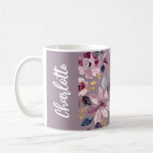Lilac Floral Pattern Monogram  コーヒーマグカップ (左)