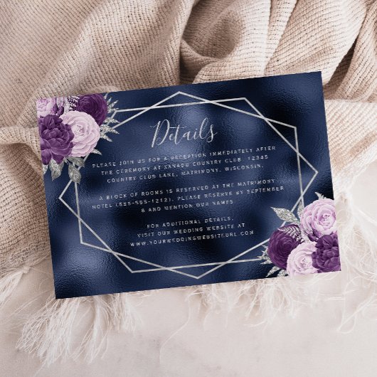 Lilac Floral Silver Navy Blue Foil Wedding Details エンクロージャーカード