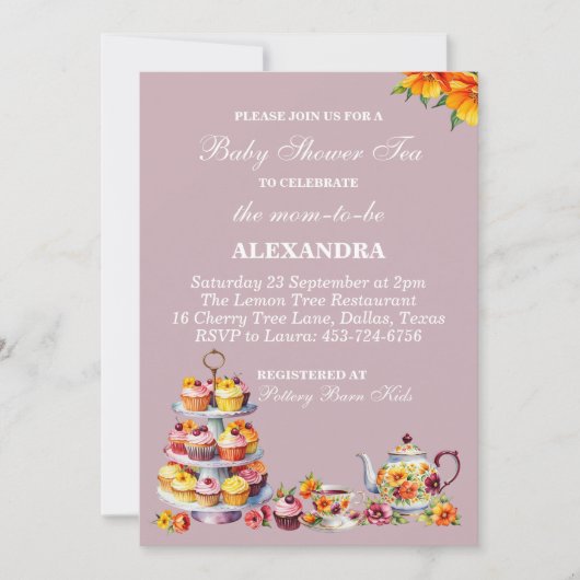 Lilac Floral Whimsical Tea Baby Shower   招待状 (正面)