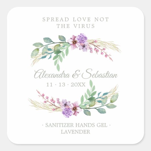 Lilac Floral Wreath Wedding Sanitizer Hand Gel スクエアシール (正面)