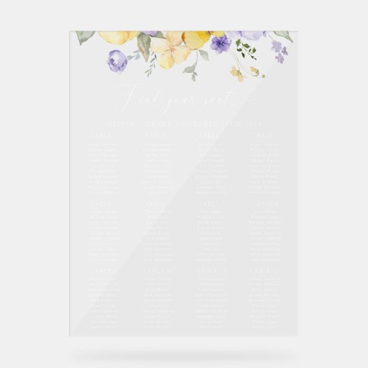 Lilac Flower, Yellow Flower, Wedding Seating Chart アクリルサイン (正面)