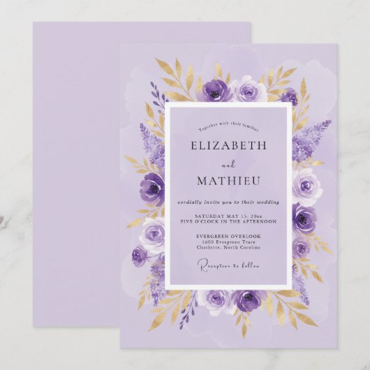 Lilac Gilded Botanical Wedding 招待状 (正面/裏面)