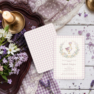 Lilac Gingham Watercolor Baby Goose Shower LPM26 招待状