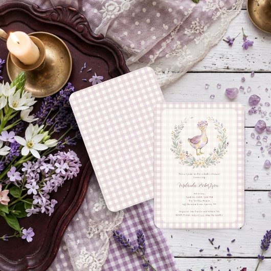 Lilac Gingham Watercolor Baby Goose Shower LPM26 招待状