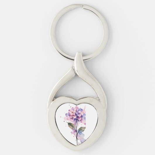 Lilac Hydrangea Watercolor Heart Keychain キーホルダー (正面)