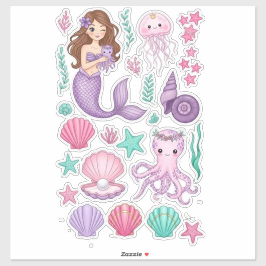 Lilac Mermaid & Cute Octopus Vinyl Sticker シール (シート)