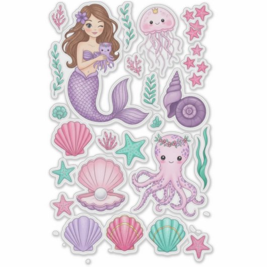 Lilac Mermaid & Cute Octopus Vinyl Sticker シール (正面)