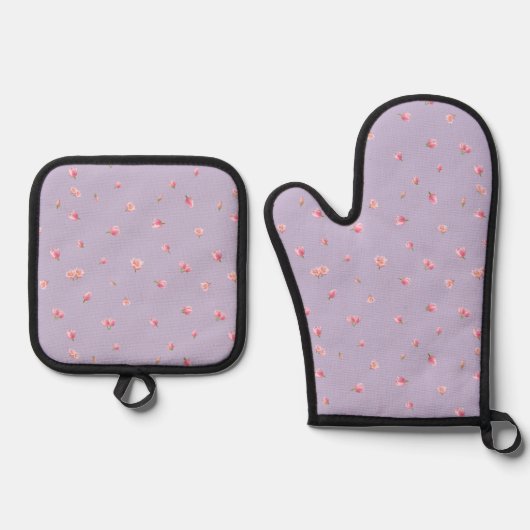 Lilac Mint Japanese Pink Tulip Floral Pattern 鍋つかみ&鍋敷きセット (正面)