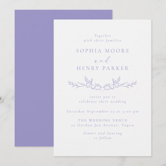 Lilac Modern Line Art Leaf Wedding Invitation 招待状 (正面/裏面)