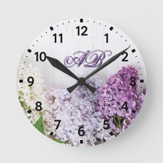Lilac Monogram Wall Clock | Personalized Floral  ラウンド壁時計 (正面)