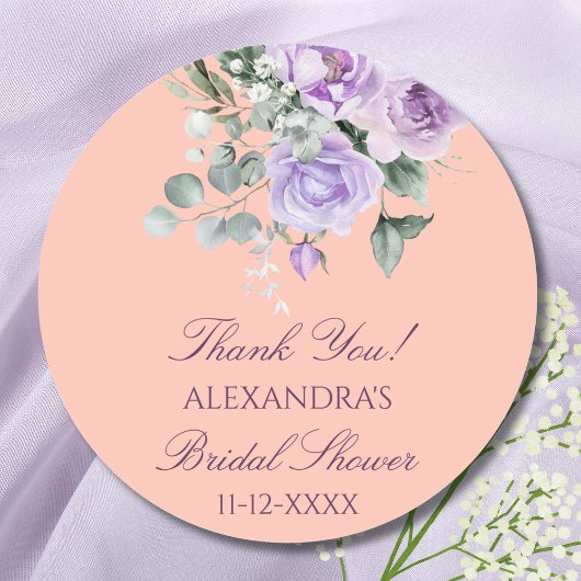 Lilac Peach Floral Peony Bridal Shower Thank You ラウンドシール