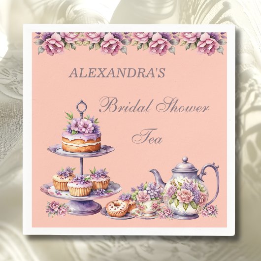 Lilac Peach Floral Tea Party Bridal Shower スタンダードカクテルナプキン