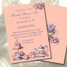 Lilac Peach Floral Whimsical Tea Bridal Shower  招待状