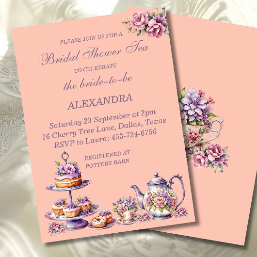 Lilac Peach Floral Whimsical Tea Bridal Shower  招待状