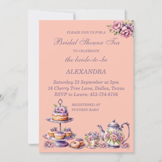 Lilac Peach Floral Whimsical Tea Bridal Shower  招待状 (正面)