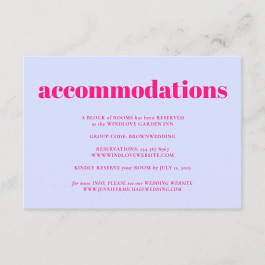 Lilac Pink Minimalist Wedding Accommodations エンクロージャーカード (正面)