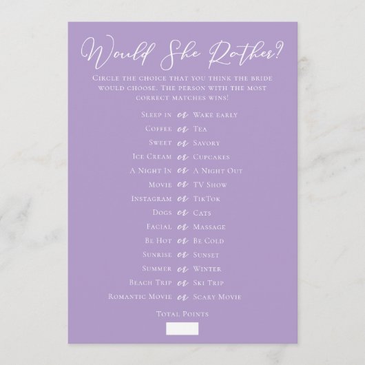 Lilac Purple Downloadable Bridal Shower Guess Game カード (正面)