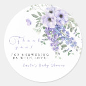 Lilac purple floral baby shower Thank you  ラウンドシール (正面)