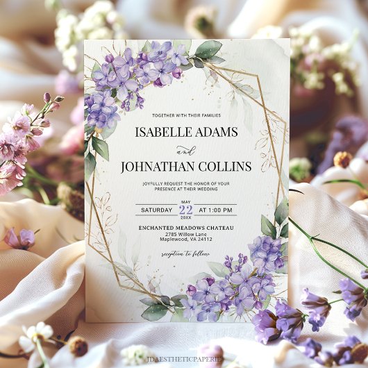 Lilac Purple Floral Geometric Wedding Invitation 招待状