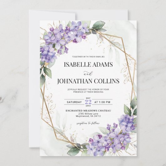 Lilac Purple Floral Geometric Wedding Invitation 招待状 (正面)