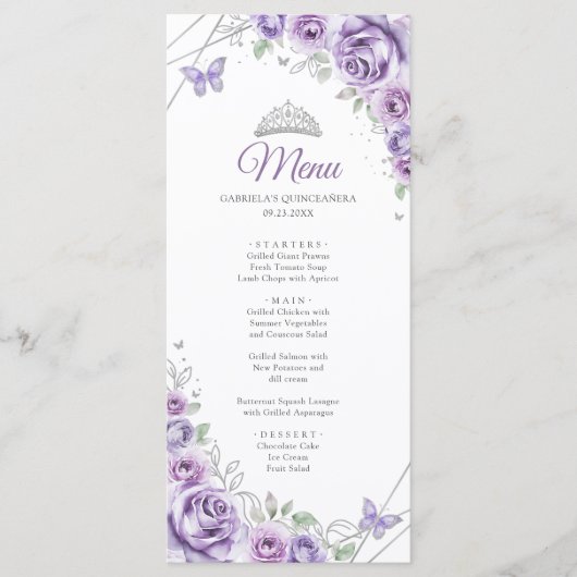 Lilac Purple Floral Quinceanera Program Menu メニュー (正面)
