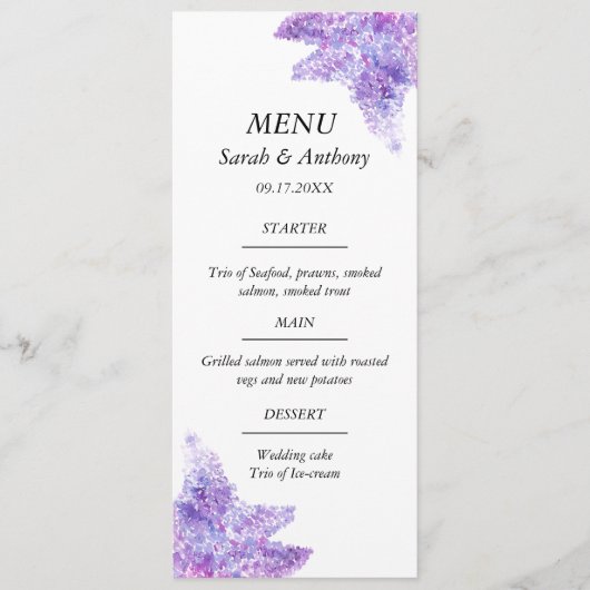 Lilac Purple Floral Watercolor Wedding Food  メニュー (正面)